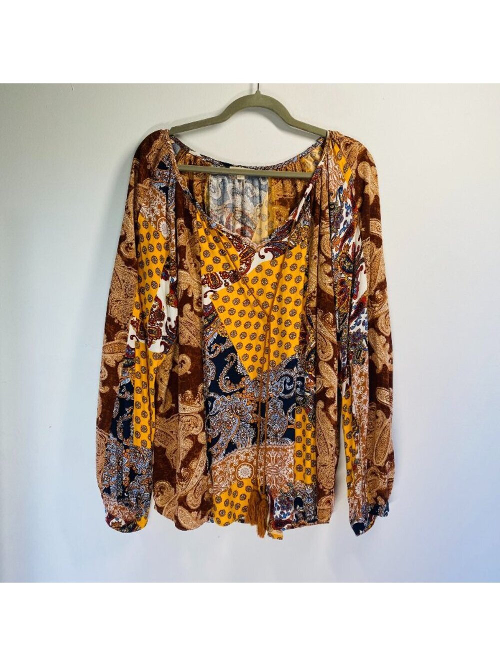 Boho Patchwork Paisley Blouse With Tassels Oddy 1XL Rayon Long Sleeve Multicolor